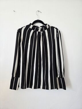 Black White Striped Blouse Top High Neck Puffed Sleeve Office Career Teacher 0XL